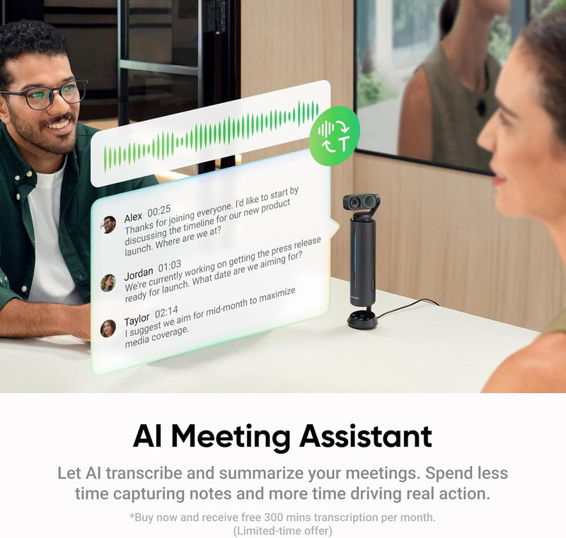 Insta360 Wave - Viva-voz com IA, Bluetooth, Gravador de Voz, 8 Microfones com Cancelamento de Ruído e Beamforming, Transcrição e Resumo por IA, Suporte a 99 Idiomas, Armazenamento de 32GB, Ideal para Reuniões, Podcasts e Transmissões ao Vivo