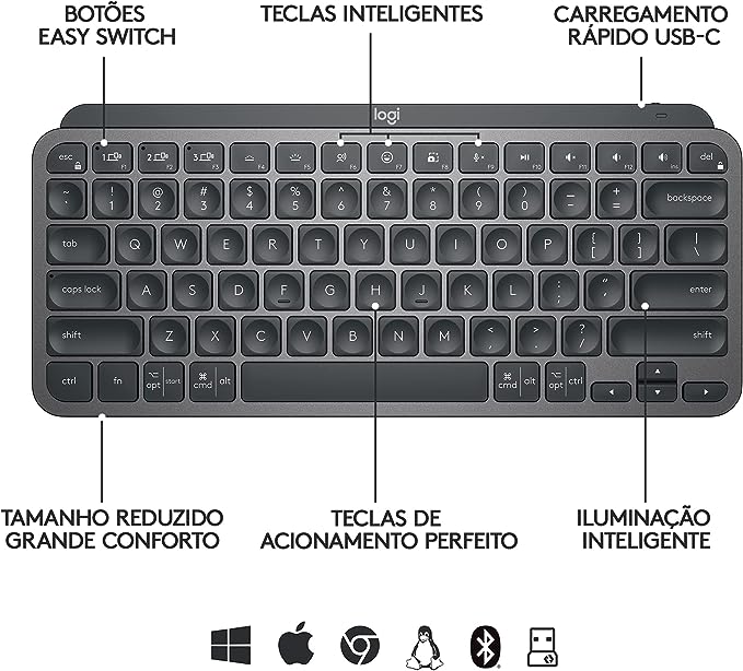 Teclado sem fio Logitech MX Keys Mini com Iluminação Inteligente, Conexão Bluetooth e USB com Easy-Switch para até 3 dispositivos e Bateria Recarregável - Grafite, 920-010505