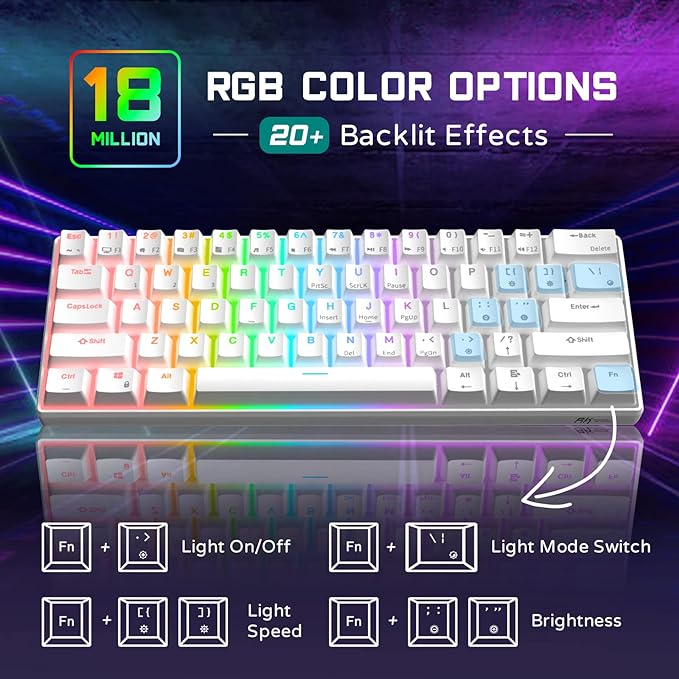 RK ROYAL KLUDGE Teclado mecânico para jogos RK61 com fio 60% RGB retroiluminado ultra-compacto interruptor vermelho branco