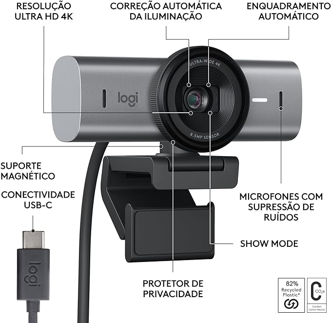 Webcam Ultra HD 4K Logitech MX Brio Com Microfones com Redução de Ruído, Qualidade de Imagem Aprimorada por IA, Protetor de Privacidade e Conexão USB-C - Grafite