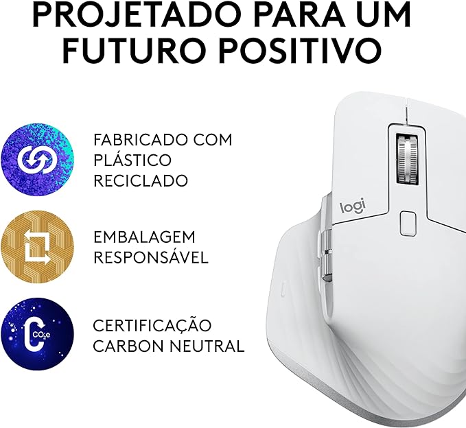 Mouse Logitech MX Master 3S sem fio, com Sensor Darkfield para Uso em Qualquer Superfície, Design Ergonômico, Clique Silencioso, Conexão USB ou Bluetooth - Cinza Claro