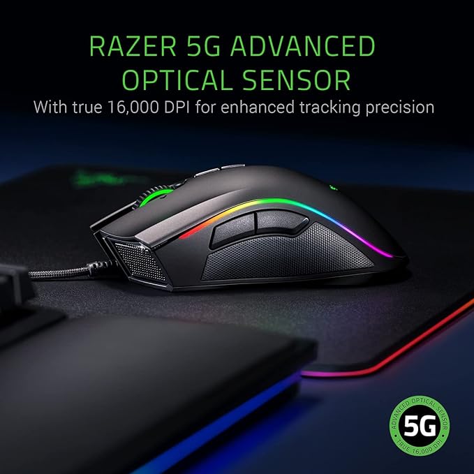 Razer Mamba Mouse para jogos Elite com sensor óptico de 16.000 DPI 5G, 9 botões programáveis, fator de forma ergonômica, alimentado por Razer Chroma, Preto, One Size, RZ01-02560100-R3M1