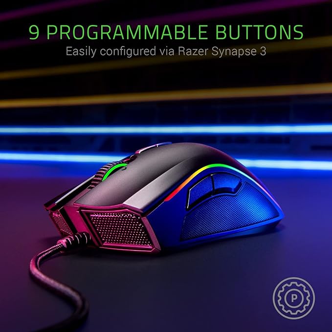 Razer Mamba Mouse para jogos Elite com sensor óptico de 16.000 DPI 5G, 9 botões programáveis, fator de forma ergonômica, alimentado por Razer Chroma, Preto, One Size, RZ01-02560100-R3M1