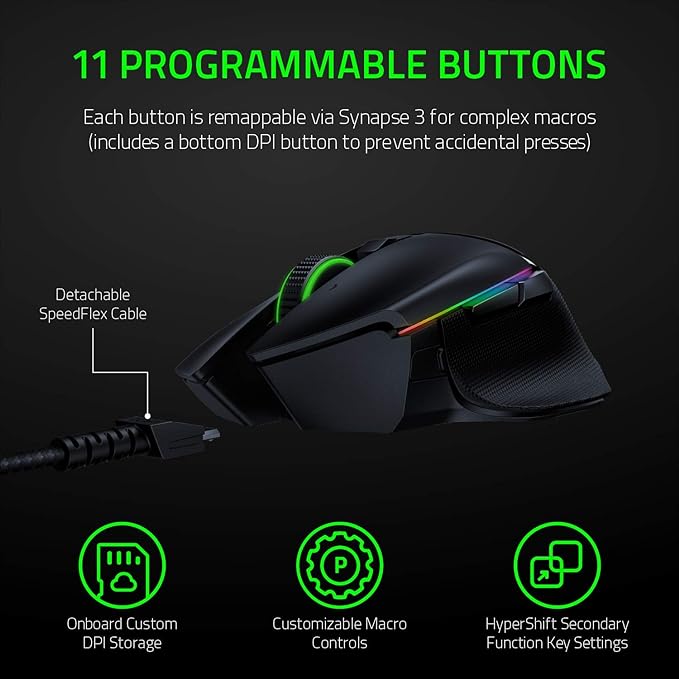 Mouse Razer Basilisk Ultimate HyperSpeed sem fio com base de carregamento: sensor óptico DPI de 20 K - Chroma RGB - 11 botões programáveis - bateria de 100 horas - preto