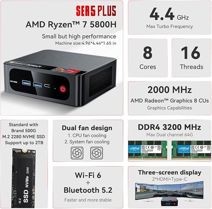 Beelink Mini PC SER5, processador AMD Ryzen 7 5800H, mini computador com 16G DDR4 RAM/500 GB M.2 NVMe 2280 SSD, 4K FPS/tela de três telas/WiFi 6/BT5.2/suporte para ligar automaticamente