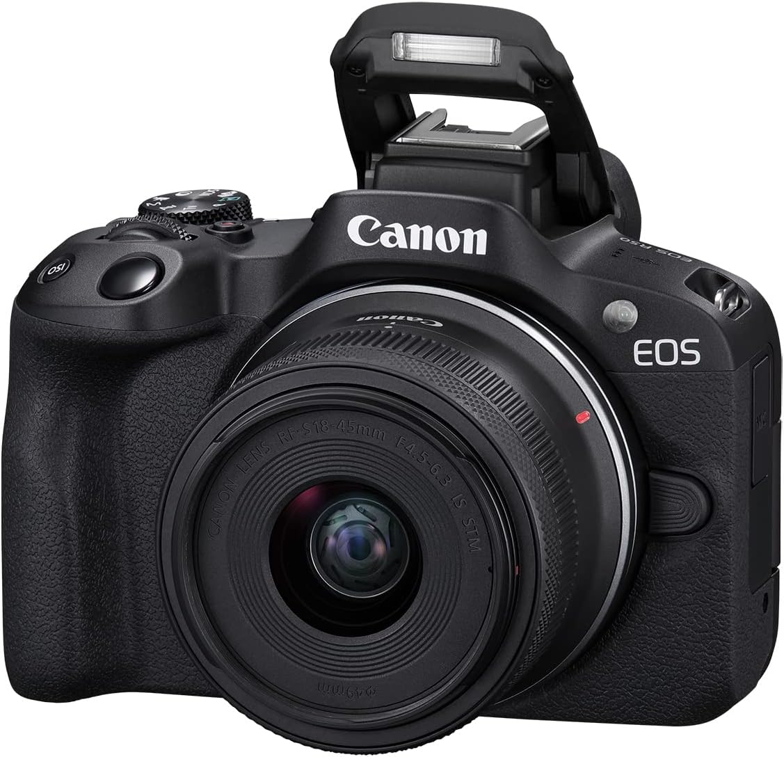 Canon A câmera sem espelho EOS R50 RF-S18-45 mm F4.5-6.3 é um kit de lentes STM, sensor CMOS de 24,2 megapixels (APS-C), vídeo 4K, câmera híbrida, foto e vídeo, vlogging, criador de conteúdo, montagem