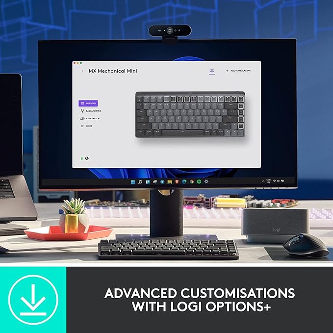 Teclado Mecânico sem fio Logitech MX Mechanical Mini com Teclas Retroiluminadas Tactile Quiet, Conexão USB ou Bluetooth Easy-Switch para até 3 dispositivos e Bateria Recarregável