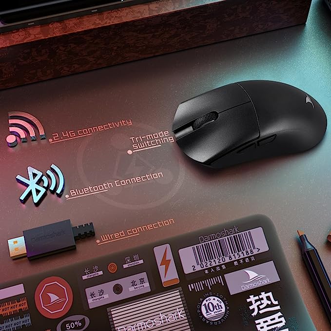 Darmoshark Mouse Para Jogos Sem Fio M3, Tri-Mode 2.4G/Usb-C/Bluetooth Mouse Até 26000Dpi, Sensor Óptico Paw3395, Peso Leve De 58G, 8 Botões Programáveis, Duração Da Bateria De 500Mah, Preto