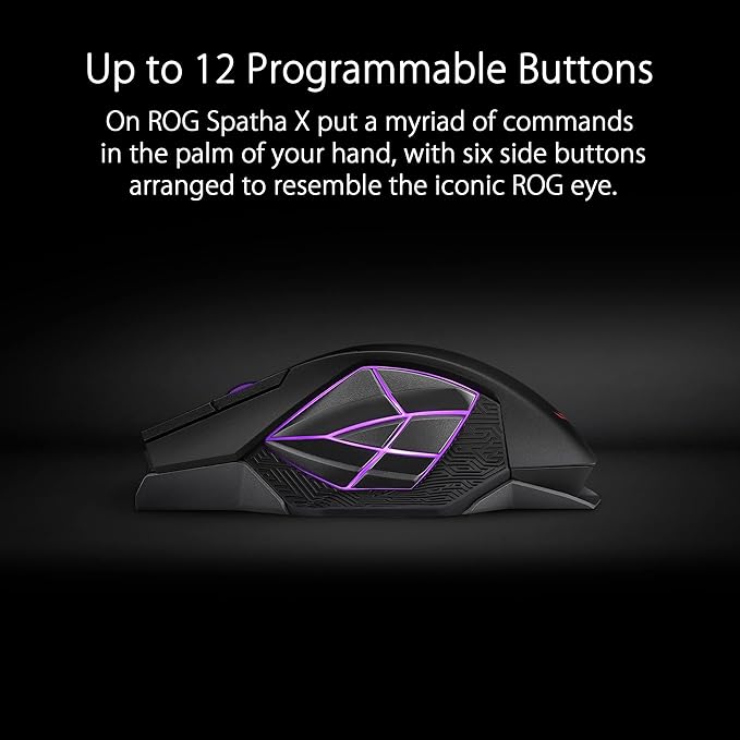 ASUS Mouse para jogos ROG Spatha X sem fio (suporte de carregamento magnético, 12 botões programáveis, 19.000 DPI, soquetes hot swap push-fit, micro interruptores ROG, paracord e iluminação Aura RGB)