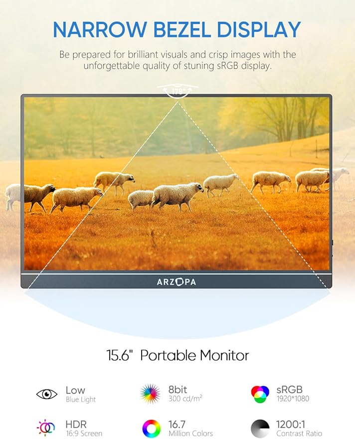 ARZOPA Monitor portátil 15,6'' FHD 1080P Monitor portátil para computador IPS Ecrã externo USB C HDMI para PC MAC Telefone Xbox PS5- A1 GAMUT