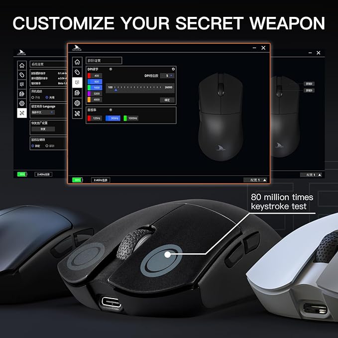 Darmoshark Mouse Para Jogos Sem Fio M3, Tri-Mode 2.4G/Usb-C/Bluetooth Mouse Até 26000Dpi, Sensor Óptico Paw3395, Peso Leve De 58G, 8 Botões Programáveis, Duração Da Bateria De 500Mah, Preto