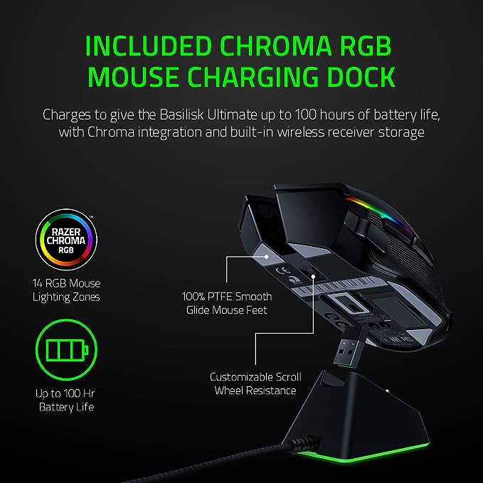 Mouse Razer Basilisk Ultimate HyperSpeed sem fio com base de carregamento: sensor óptico DPI de 20 K - Chroma RGB - 11 botões programáveis - bateria de 100 horas - preto