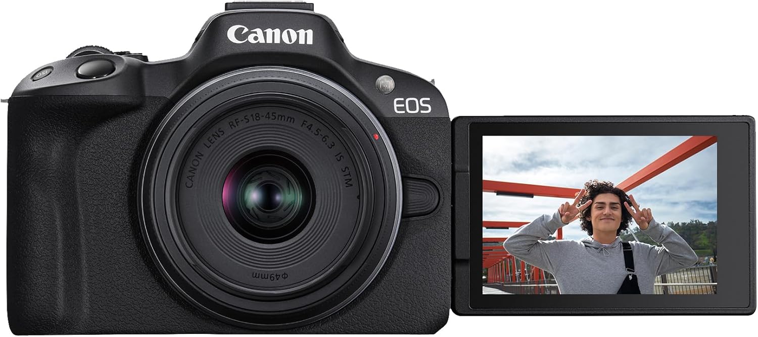 Canon A câmera sem espelho EOS R50 RF-S18-45 mm F4.5-6.3 é um kit de lentes STM, sensor CMOS de 24,2 megapixels (APS-C), vídeo 4K, câmera híbrida, foto e vídeo, vlogging, criador de conteúdo, montagem