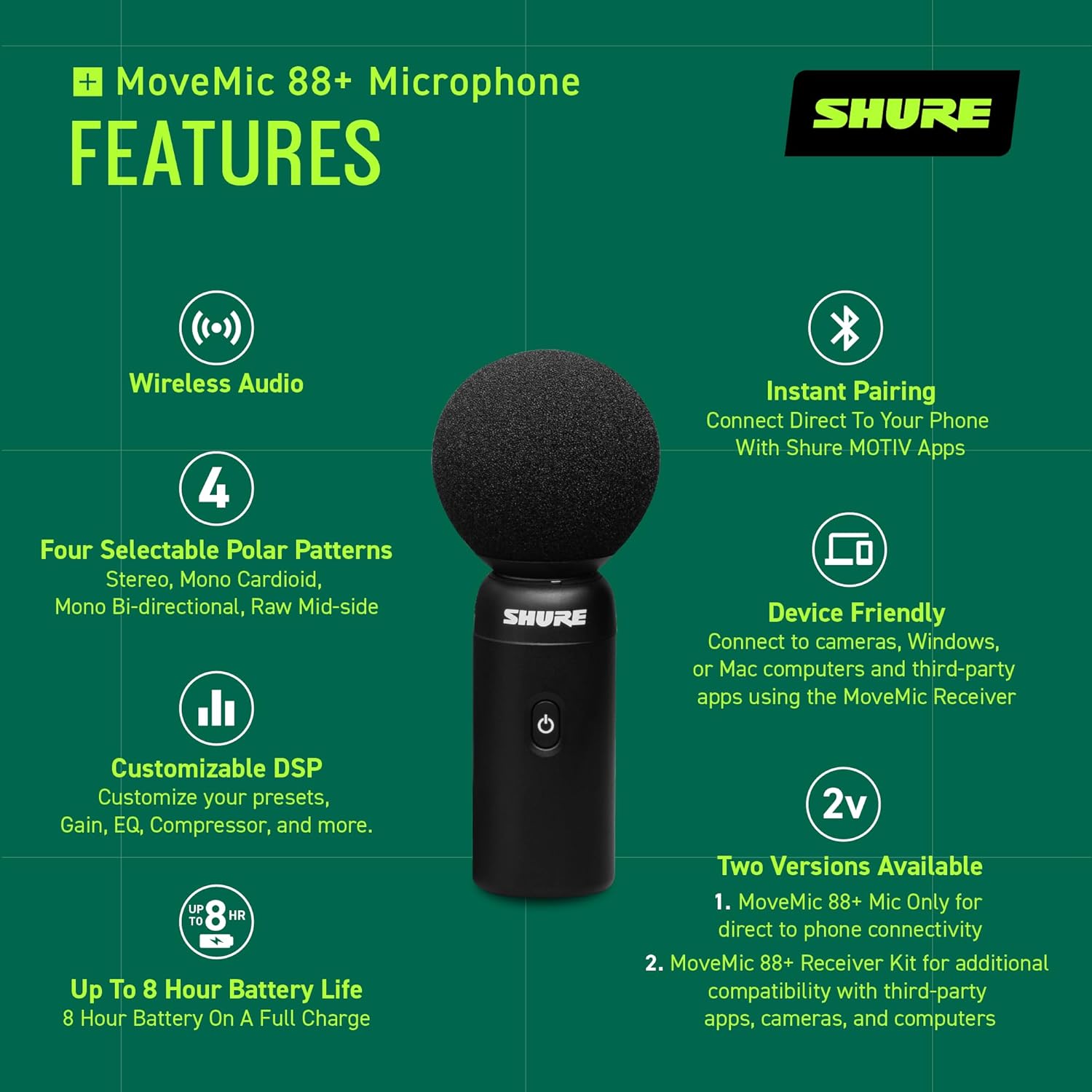 Microfone sem fio Shure MoveMic 88+ - Gravador de áudio profissional para entrevistas em filme/campo, microfone estéreo com 4 padrões polares | Compatível com iOS/Android (MV88+W-Z7)
