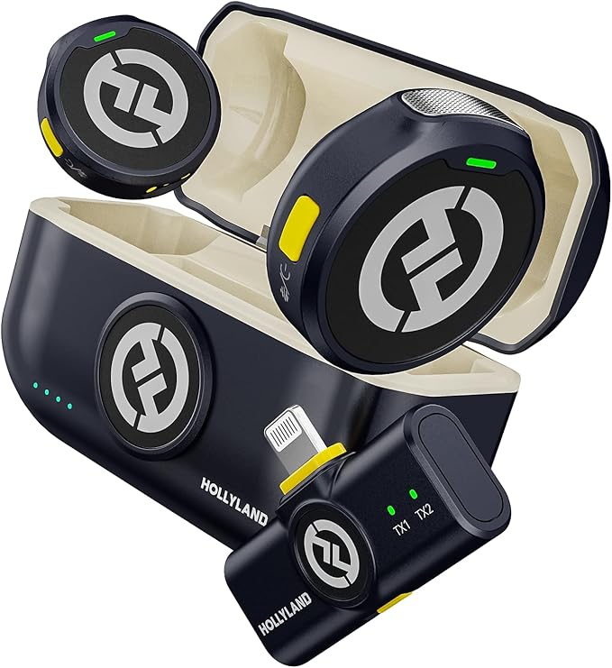 Hollyland Lark M2 Microfone de Lapela Sem Fio, Certificado MFi com Cancelamento de Ruído Inteligente, Iphone11/12/13/14, Transmissão Sem Fio de 300M, 30H Duração de Bateria, Ideal para Vlog-Preto