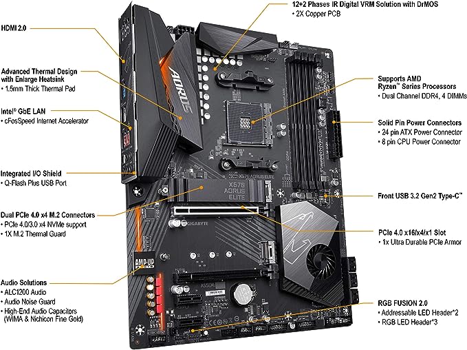 Gigabyte X570 AORUS Elite - Placa mãe (AMD Ryzen 3000/X570/ATX/PCIe4.0/DDR4/USB3.1/Realtek ALC1200/USB frontal tipo-C/RGB Fusion 2.0/M.2 Protetor térmico/placa mãe para jogo)