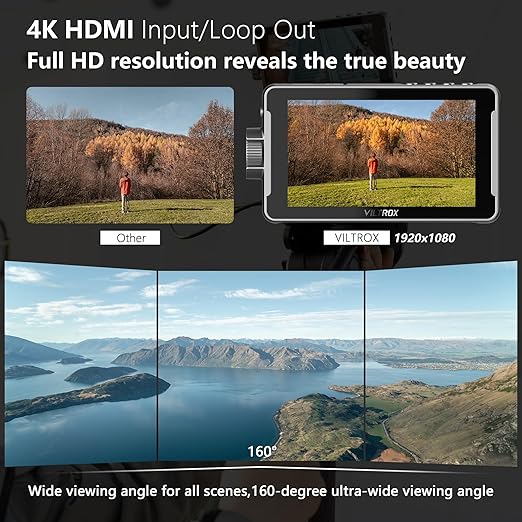 VILTROX Monitor de Campo de Câmera com Tela Sensível Ao Toque Dc-550 Pro 4K Hdmi(5,5") Monitor de Câmera Dslr com Capa Protetora de Bateria 3D Lut Peaking Focus Assist 1200 Nits 160 ° Ângulo de Visão