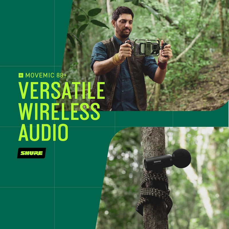 Microfone sem fio Shure MoveMic 88+ - Gravador de áudio profissional para entrevistas em filme/campo, microfone estéreo com 4 padrões polares | Compatível com iOS/Android (MV88+W-Z7)
