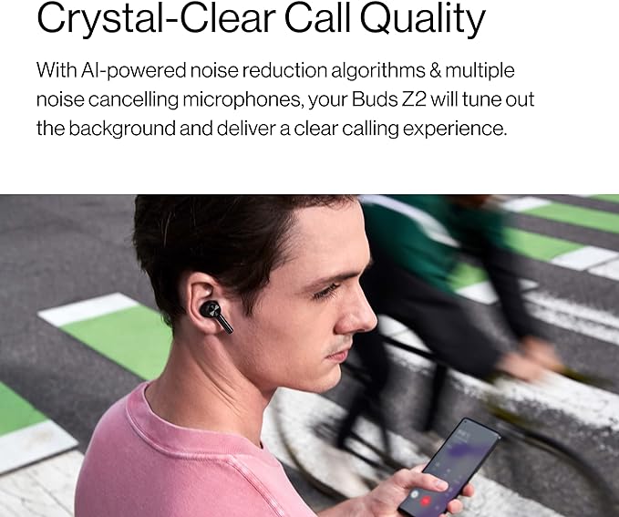 OnePlus Buds Z2 Fones de ouvido sem fio com controle de toque com estojo de carregamento, cancelamento de ruído ativo, fones de ouvido estéreo à prova d'água IP55 para casa, esporte, branco pérola