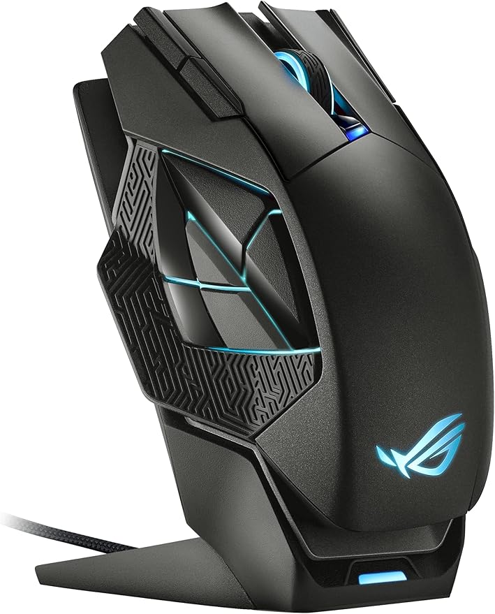 ASUS Mouse para jogos ROG Spatha X sem fio (suporte de carregamento magnético, 12 botões programáveis, 19.000 DPI, soquetes hot swap push-fit, micro interruptores ROG, paracord e iluminação Aura RGB)