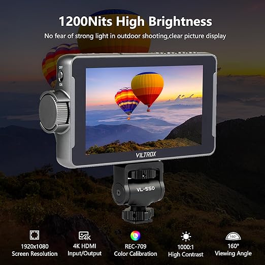 VILTROX Monitor de Campo de Câmera com Tela Sensível Ao Toque Dc-550 Pro 4K Hdmi(5,5") Monitor de Câmera Dslr com Capa Protetora de Bateria 3D Lut Peaking Focus Assist 1200 Nits 160 ° Ângulo de Visão