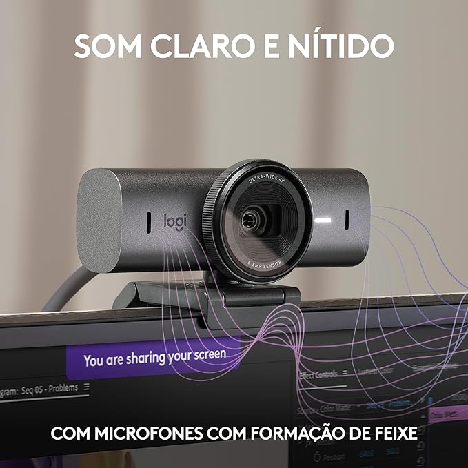 Webcam Ultra HD 4K Logitech MX Brio Com Microfones com Redução de Ruído, Qualidade de Imagem Aprimorada por IA, Protetor de Privacidade e Conexão USB-C - Grafite