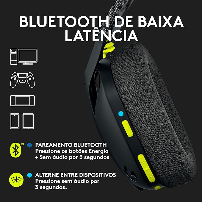 Logitech G435 LIGHTSPEED - Headset Gamer Sem Fio , Conexão USB e Bluetooth, Design Leve e Confortável, Microfone Embutido, Bateria de até 18h - Compatível com Dolby Atmos, PC, PS4, PS5, Mobile – Preto