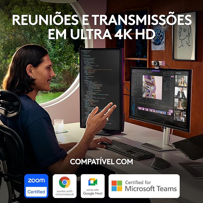 Webcam Ultra HD 4K Logitech MX Brio Com Microfones com Redução de Ruído, Qualidade de Imagem Aprimorada por IA, Protetor de Privacidade e Conexão USB-C - Grafite