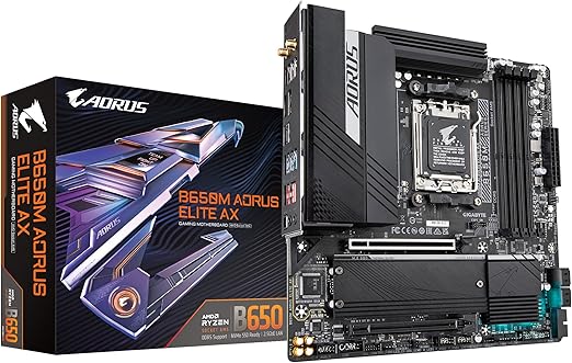 GIGABYTE B650M AORUS Elite AX (AM5/LGA 1718/AMD B650/Micro-ATX/ DDR5/2* M.2/PCIe 5.0/USB 3.2 Gen2X2 Type-C/Intel 2.5GbE LAN/Q-Flash Plus/EZ-Latch/Placa-mãe para jogos)