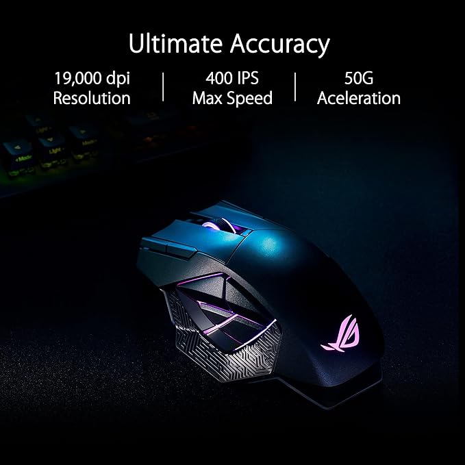 ASUS Mouse para jogos ROG Spatha X sem fio (suporte de carregamento magnético, 12 botões programáveis, 19.000 DPI, soquetes hot swap push-fit, micro interruptores ROG, paracord e iluminação Aura RGB)