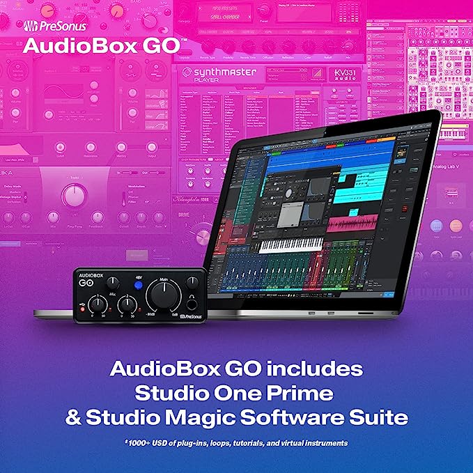 PreSonus AudioBox GO | Interface de áudio USB-C para produção musical com o software de gravação Studio One DAW, tutoriais de música, amostras de som e instrumentos virtuais