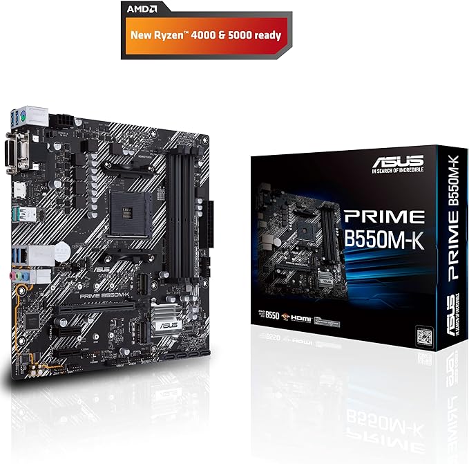 Placa-mãe ASUS Prime B550M-K AMD AM4 Zen 3 Ryzen 5000 e 3ª geração Ryzen Micro-ATX (PCIe 4.0, Memória ECC, LAN 1Gb, Dual M.2, USB 3.2 Geração 2 TipoA, HDMI 2.1 4K@60Hz, DVI, D-Sub)