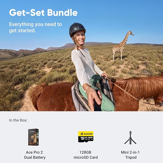 Insta360 Pacote Get-Set Ace Pro 2 – Câmera de ação à prova d'água 8K projetada com Leica, sensor de 1/3.3 cm, chip de IA duplo, luz baixa, áudio superior, tela flip e edição de IA para vlogs