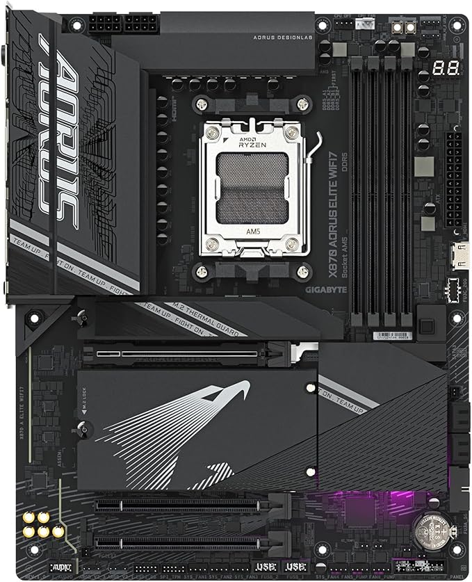 GIGABYTE Placa mãe X870 AORUS Elite WIFI7 AMD AM5 LGA 1718, ATX, DDR5, 4X M.2, PCIe 5.0, USB4, WIFI7, LAN 2,5GbE, EZ-Latch