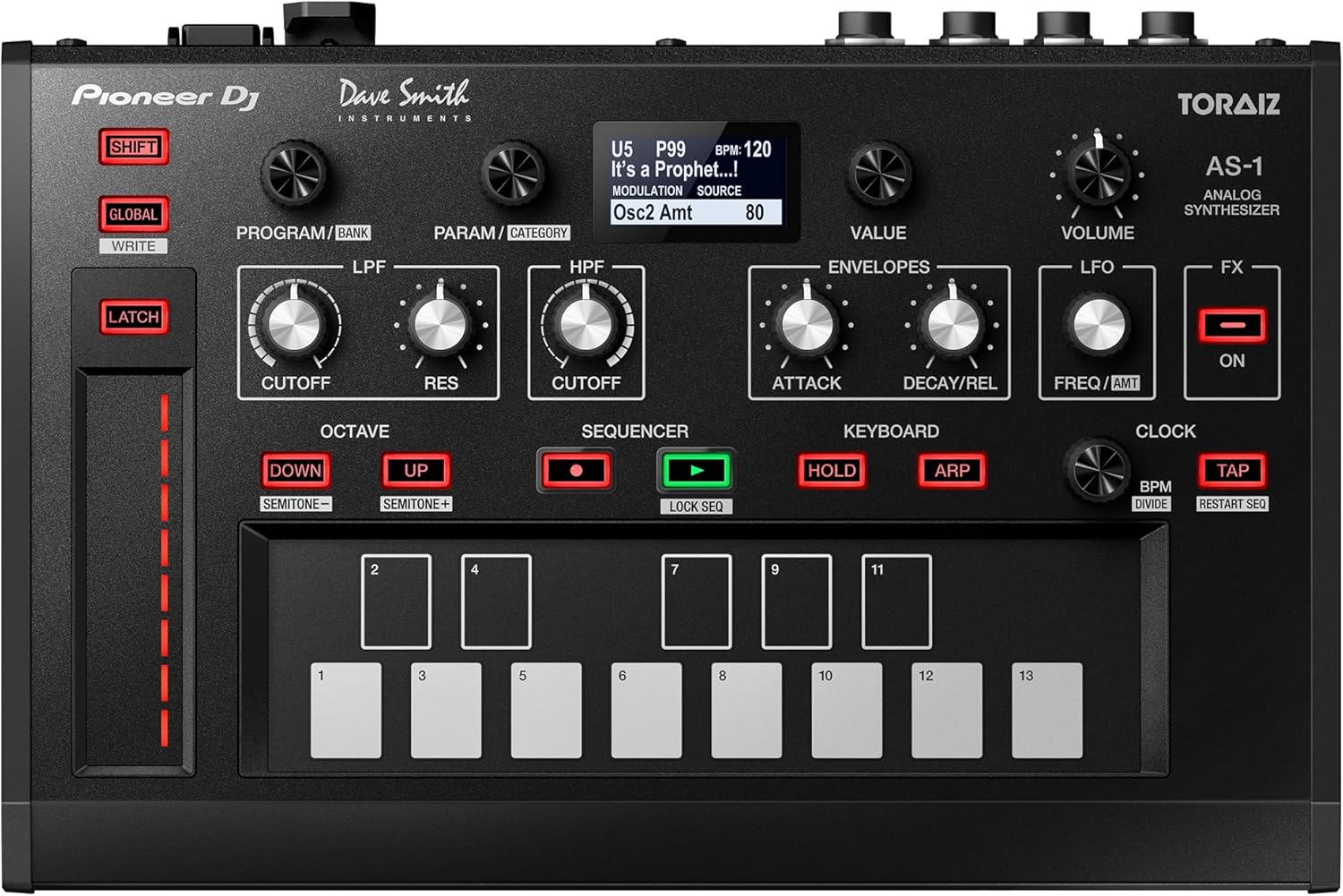 Pioneer DJ TAS-1 - Módulo sintetizador analógico monofônico com recall digital, teclado touchpad de 13 notas, controlador de fita, sequenciador e 7 efeitos onboard