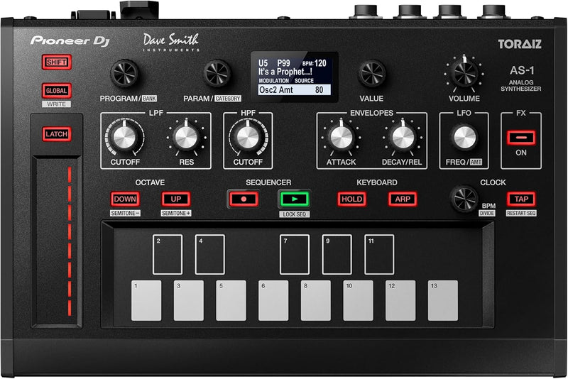 Pioneer DJ TAS-1 - Módulo sintetizador analógico monofônico com recall digital, teclado touchpad de 13 notas, controlador de fita, sequenciador e 7 efeitos onboard