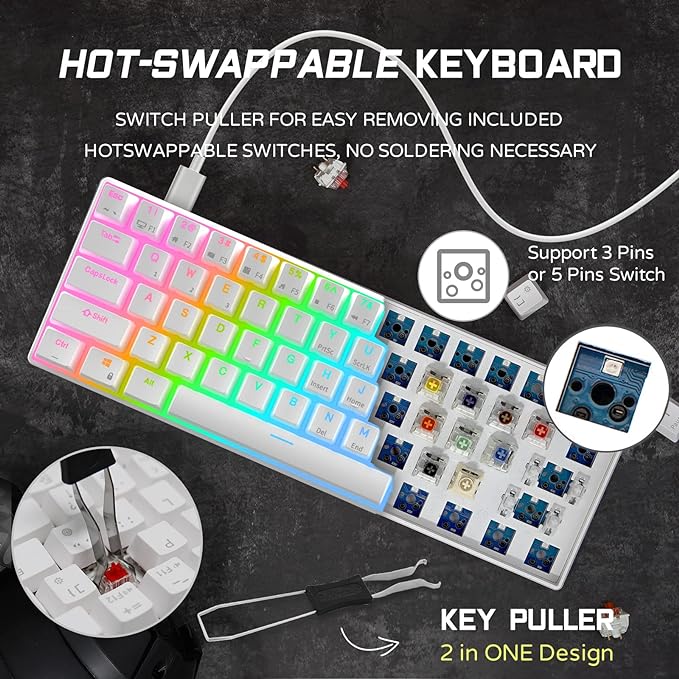 RK ROYAL KLUDGE Teclado mecânico para jogos RK61 com fio 60% RGB retroiluminado ultra-compacto interruptor vermelho branco