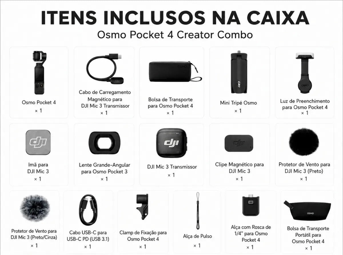 Câmera DJI Osmo Pocket 4 — Sensor CMOS 1", Vídeo 4K/240fps, Estabilização 3 Eixos, Tela Touch Giratória, 107GB Interno