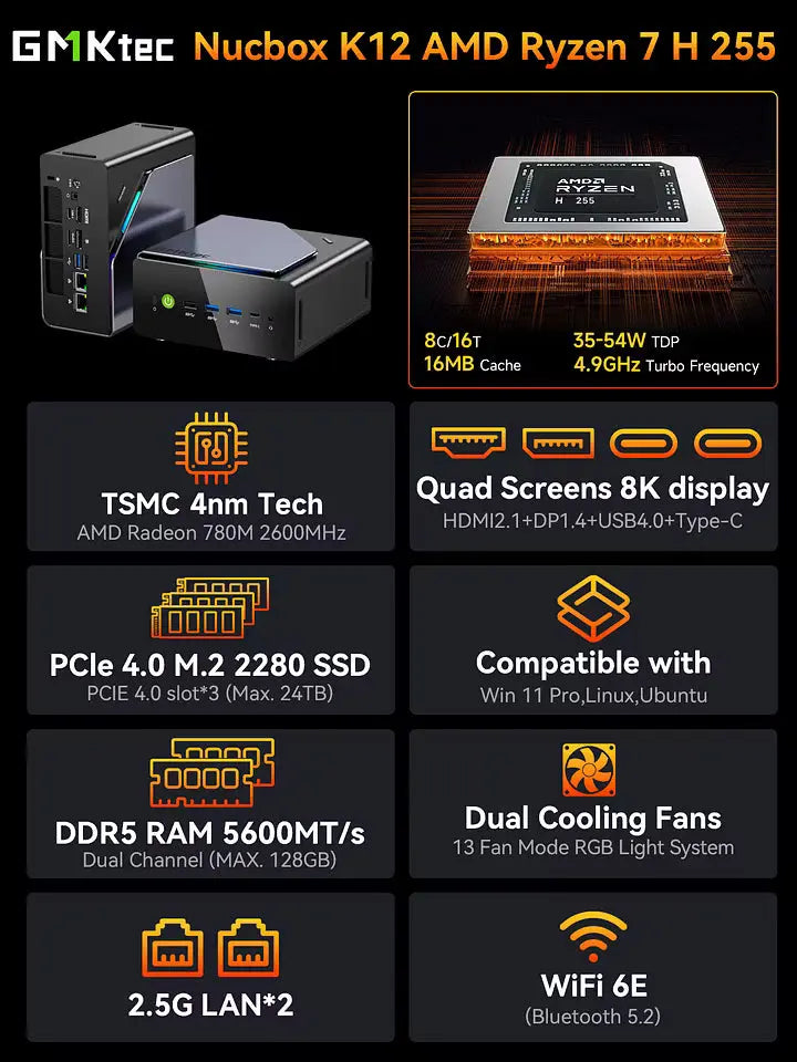 Mini PC profissional e para IA GMKtec K12 - AMD Ryzen™ 7 H 255