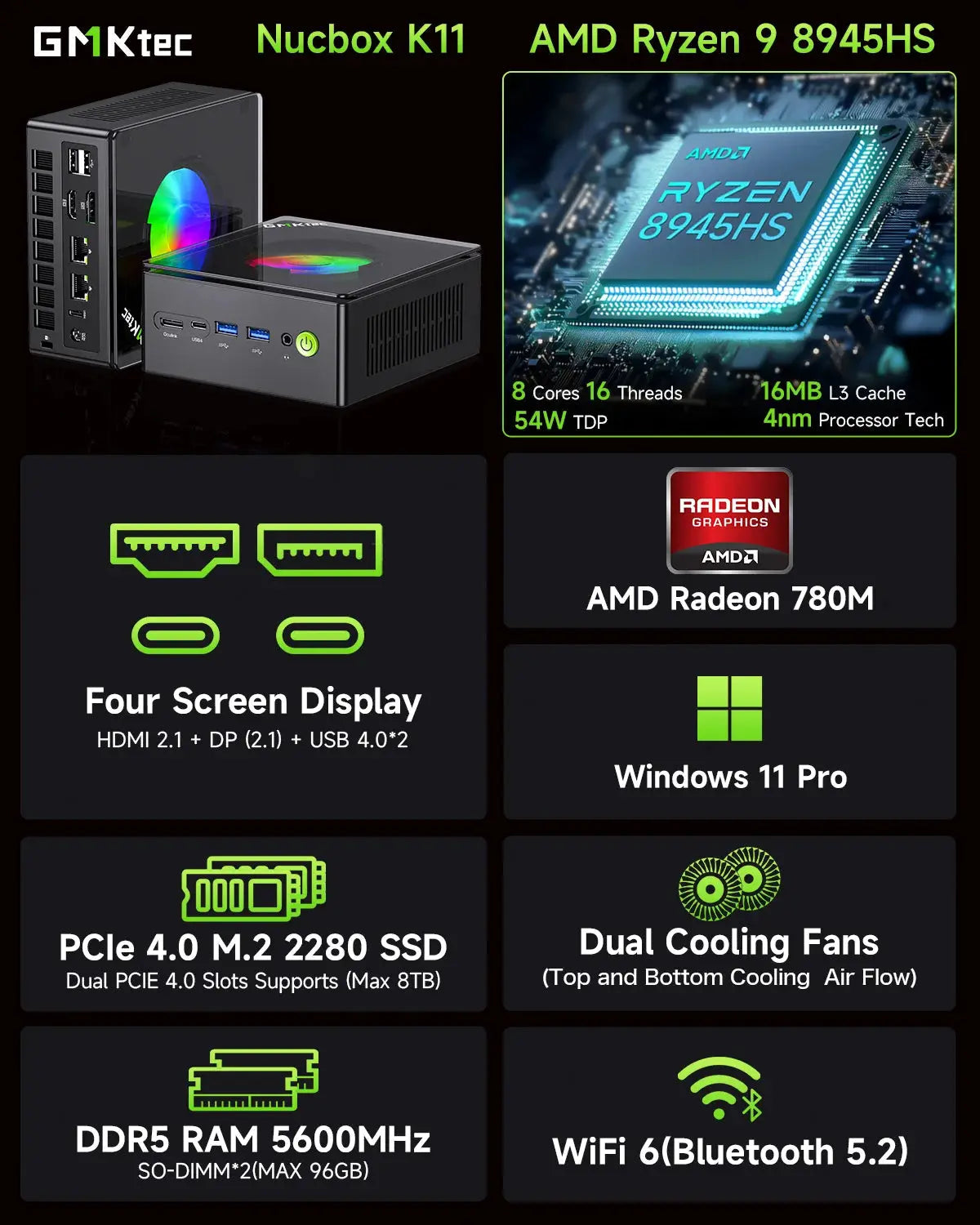GMKtec NucBox K11 Mini PC profissional e para IA - AMD Ryzen™ 9 8945HS